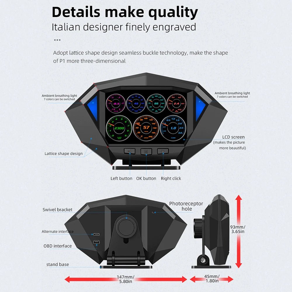 P1 Digital HUD Car Head Up Display On Board Computer Clock Slope Meter GPS Speedometer OBD2 Diagnostic Tools Instrument Cluster - All in One