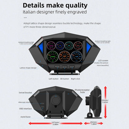 P1 Digital HUD Car Head Up Display On Board Computer Clock Slope Meter GPS Speedometer OBD2 Diagnostic Tools Instrument Cluster - All in One