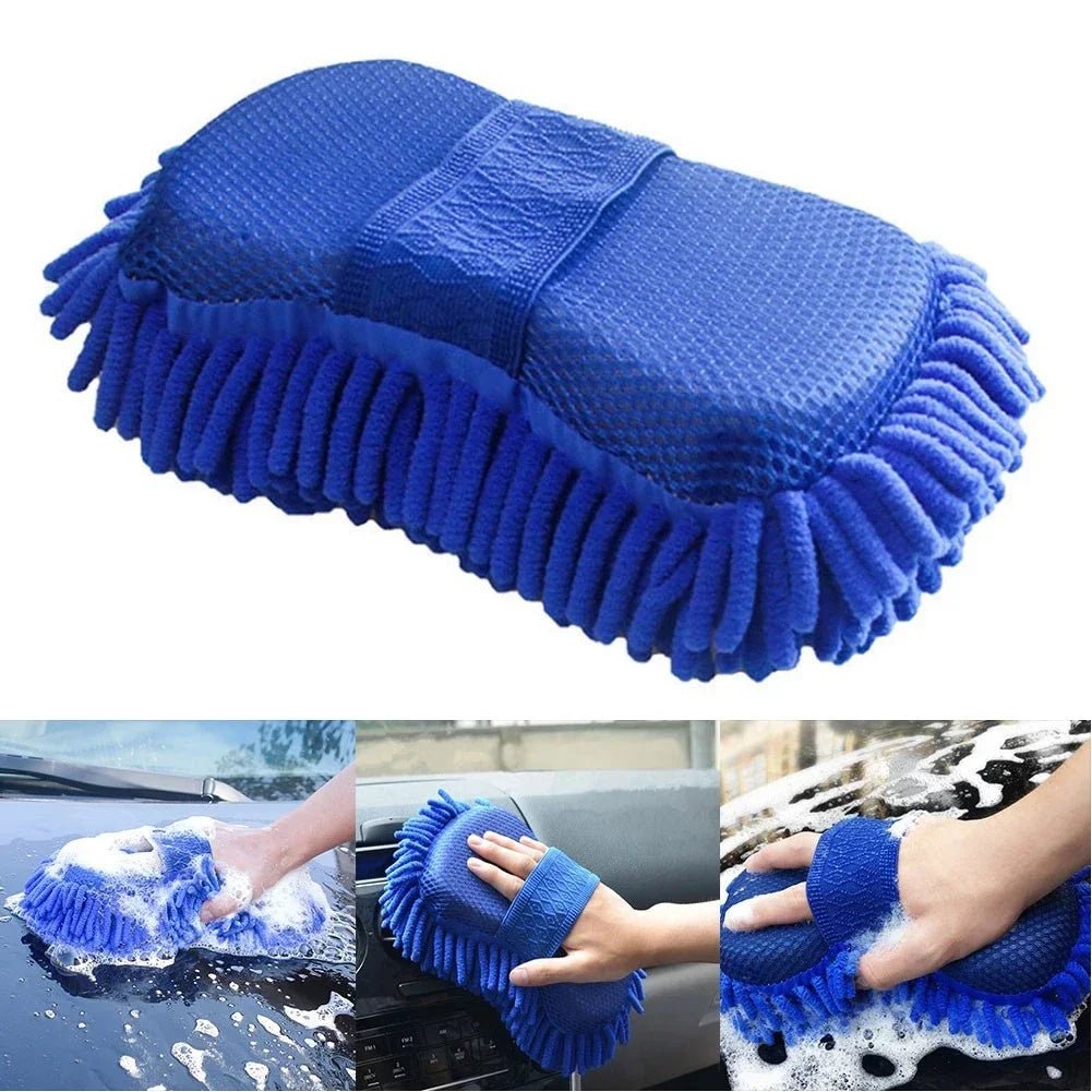 1 Pc Blue Microfiber Chenille Car Wash Sponge Care Washing Brush Pad Cleaning Tool Auto Washing Towel Gloves Styling Accessories - All in One