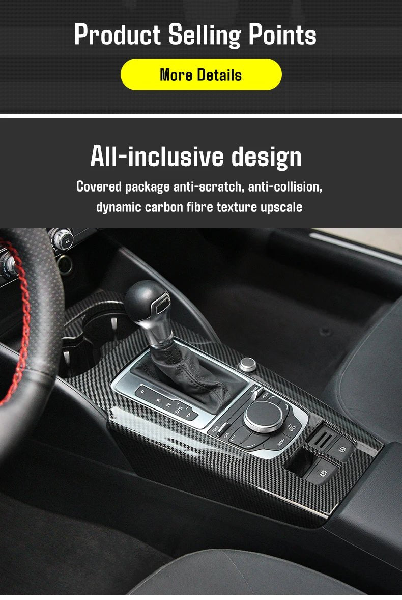 For Audi A3 2014 - 2020 Carbon Fibre Interior Decorative Mouldings Gear Lever Collar Console Dashboard Armrest Cover Pad Shell - All in 1