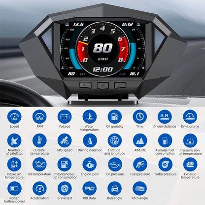 P1 Digital HUD Car Head Up Display On Board Computer Clock Slope Meter GPS Speedometer OBD2 Diagnostic Tools Instrument Cluster - All in One
