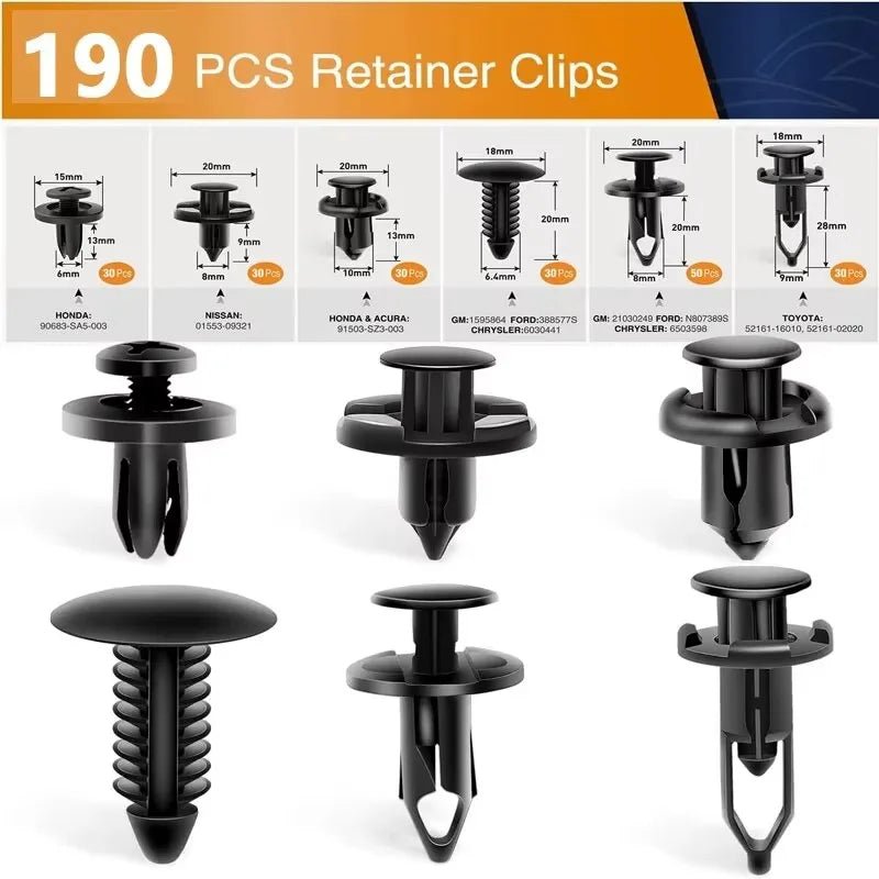 190 Pcs Auto Plastic Buckle Bumper Clips Fixing Nail Kit 6 Styles Plastic Retainer Fasteners Clip Car Body Push Rivets Parts - All in 1