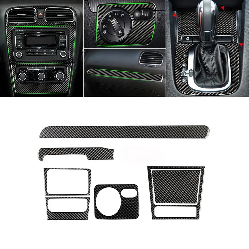 For VW Golf 6 MK6 Car Carbon Fiber Center Control Panel Air Vent Gear Shift Frame Headlight Switch Ashtray Box Cover Inner Trim - All in 1