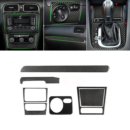 For VW Golf 6 MK6 Car Carbon Fiber Center Control Panel Air Vent Gear Shift Frame Headlight Switch Ashtray Box Cover Inner Trim - All in 1