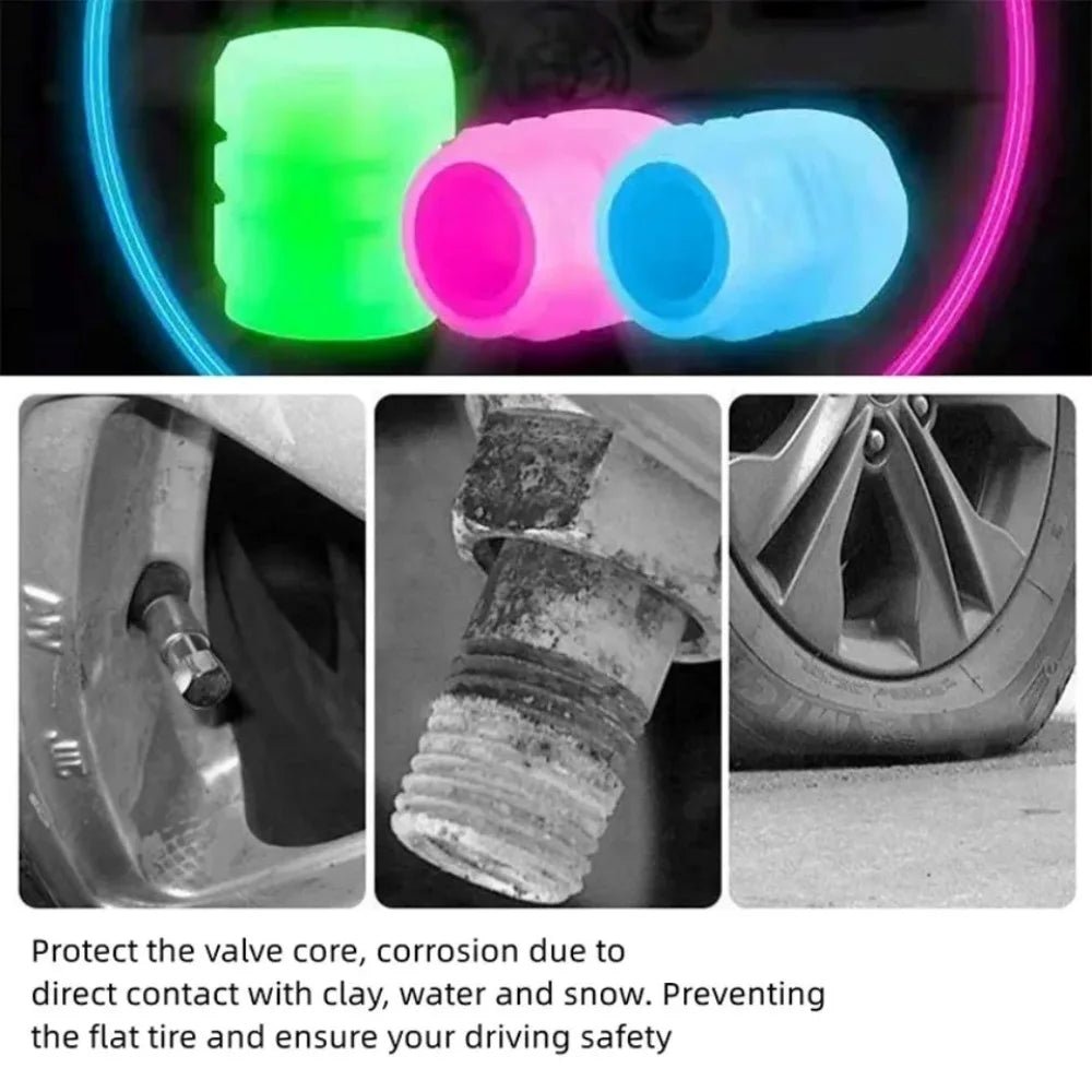4/20PCS Luminous Tire Valve Caps Motorcycle Bike Wheel Nozzle Dustproof Tyre Valve Stem Fluorescent Night Glowing Car Decor - All in 1