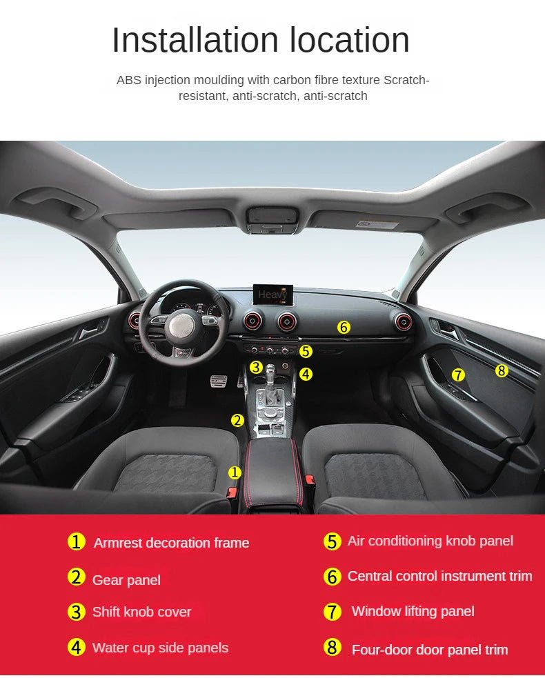 For Audi A3 2014 - 2020 Carbon Fibre Interior Decorative Mouldings Gear Lever Collar Console Dashboard Armrest Cover Pad Shell - All in 1