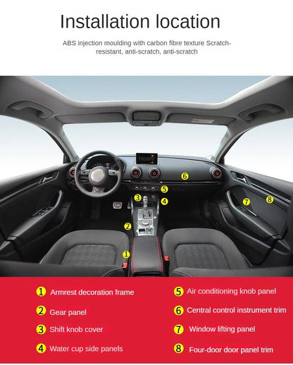 For Audi A3 2014 - 2020 Carbon Fibre Interior Decorative Mouldings Gear Lever Collar Console Dashboard Armrest Cover Pad Shell - All in 1
