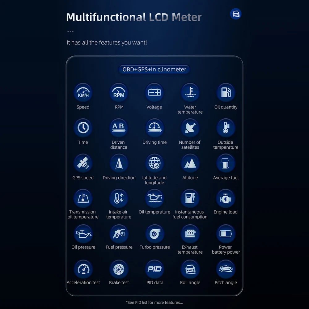 P1 Digital HUD Car Head Up Display On Board Computer Clock Slope Meter GPS Speedometer OBD2 Diagnostic Tools Instrument Cluster - All in One