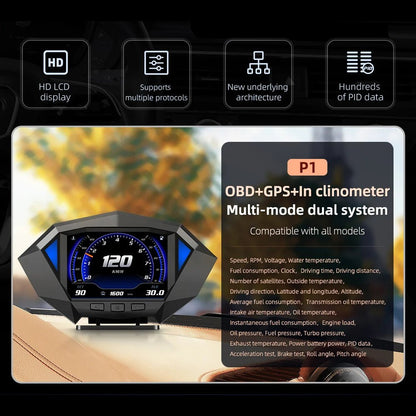 P1 Digital HUD Car Head Up Display On Board Computer Clock Slope Meter GPS Speedometer OBD2 Diagnostic Tools Instrument Cluster - All in One